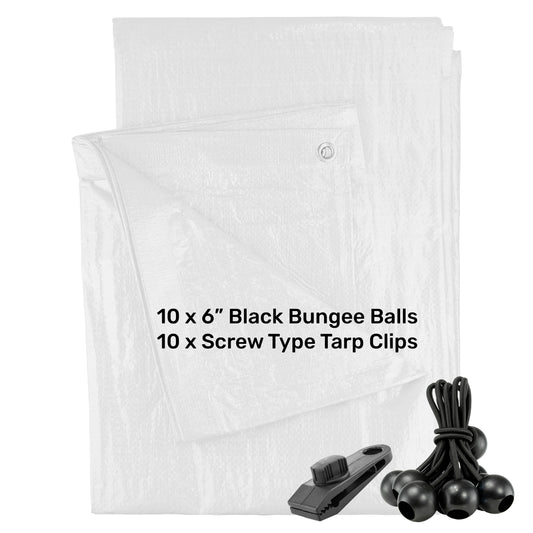 White tarpaulin sheet with black bungee balls and screw tarp clips kit