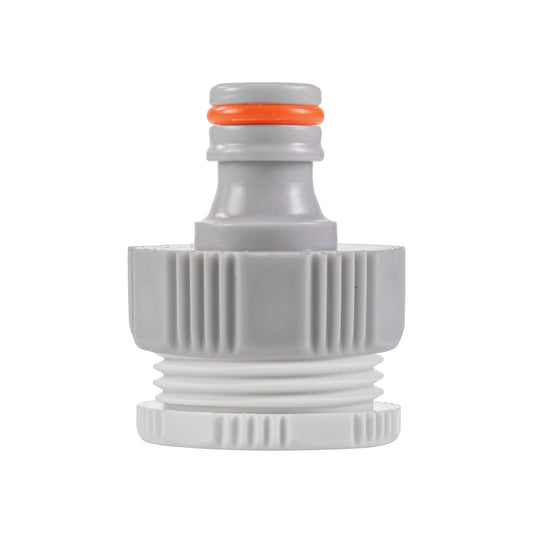Female tap connector with orange seal ring, gray body and ridged white BSP fitting.