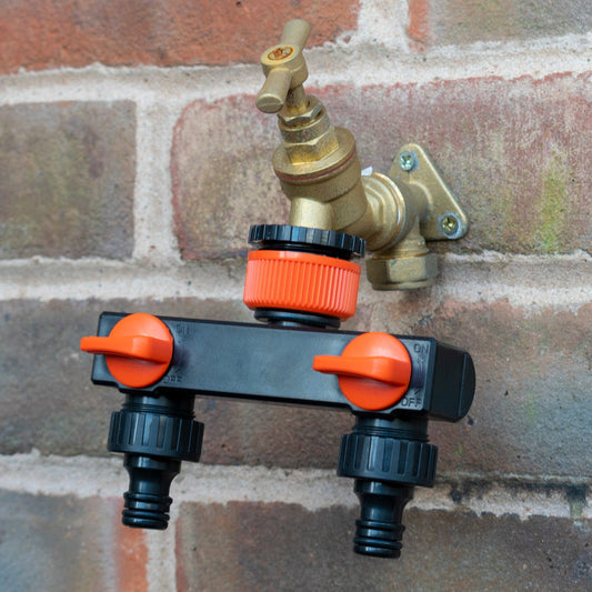 2-Way Tap Splitter PP mit Ventilen und Snap-On Steckern, orange und schwarz