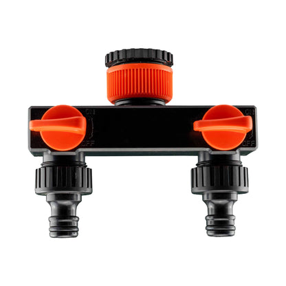 Valved quick-connect splitter with orange ON/OFF levers and two outlet ports