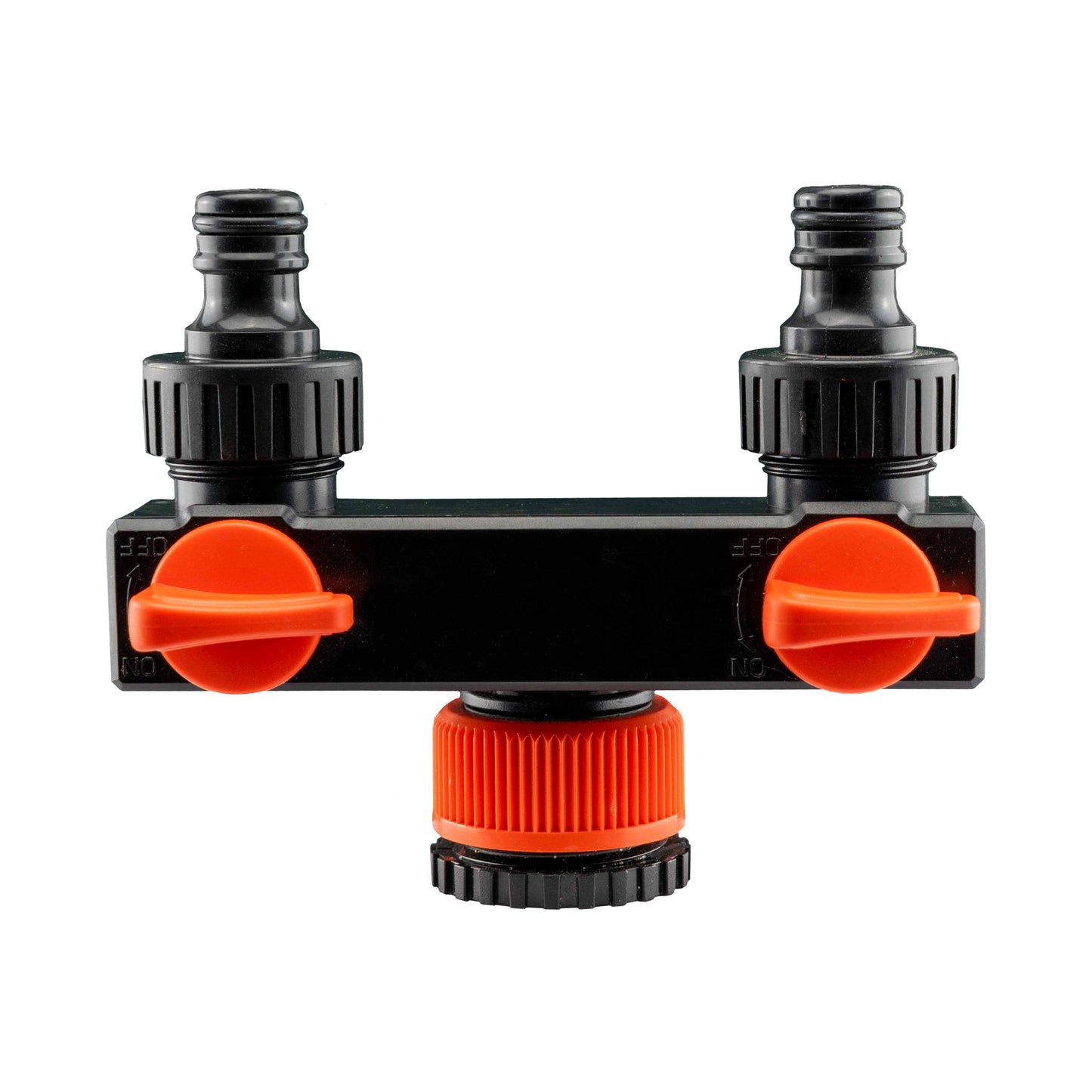 Two-way splitter with orange lever valves and two quick-connect outlet fittings