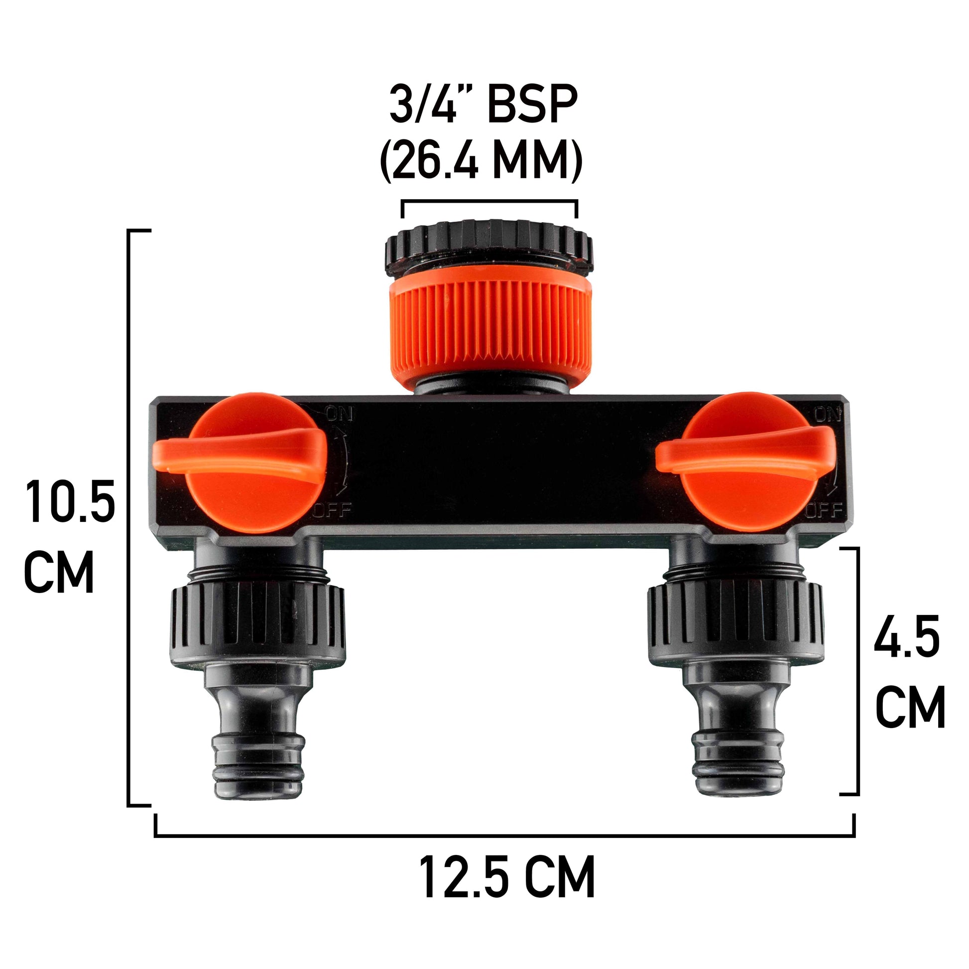 3/4" BSP (26.4mm) 2-way quick-connect splitter with orange ON/OFF knobs