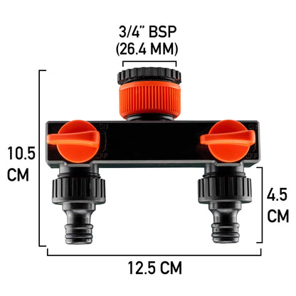 3/4" BSP (26.4mm) 2-way quick-connect splitter with orange ON/OFF knobs