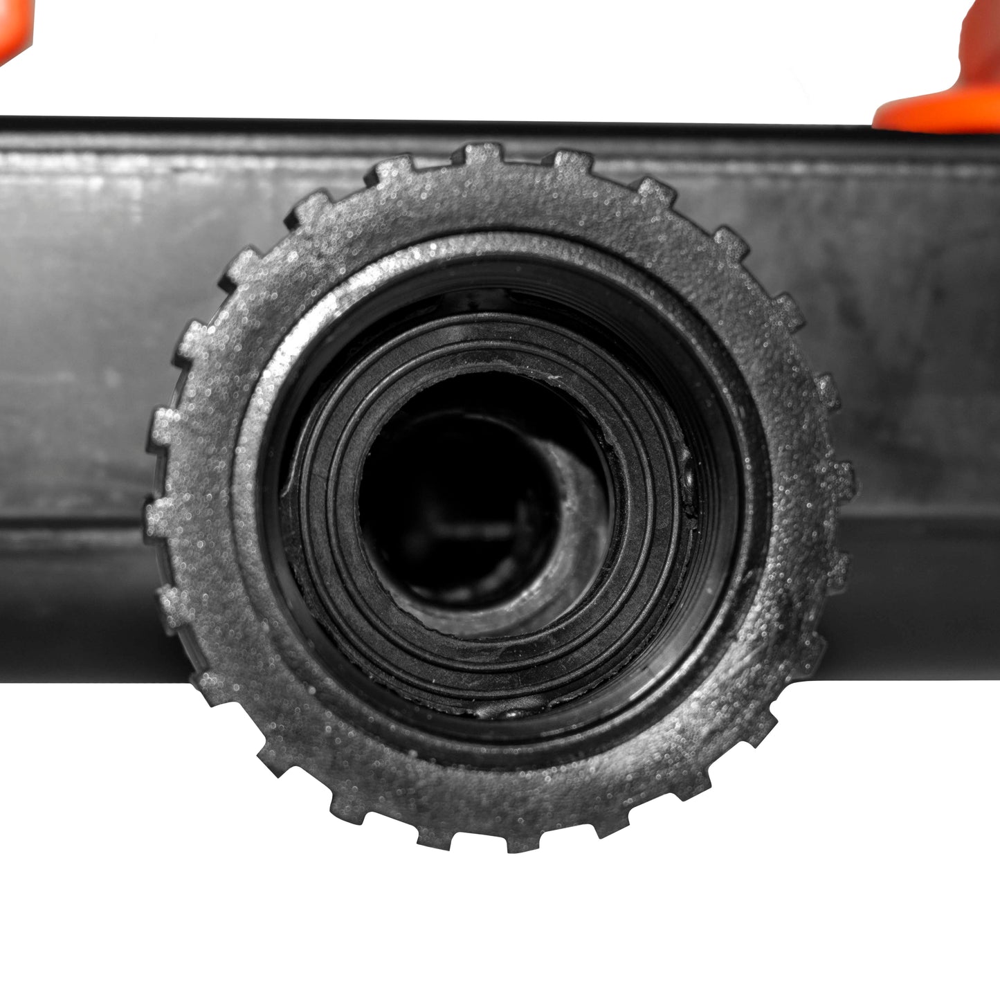 Close-up of quick-connect inlet socket with ribbed black thread ring