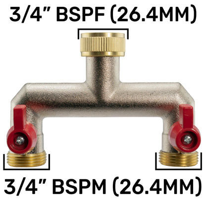 Brass two-way tap splitter, 3/4" BSPF/BSPM, twin red inlet valves
