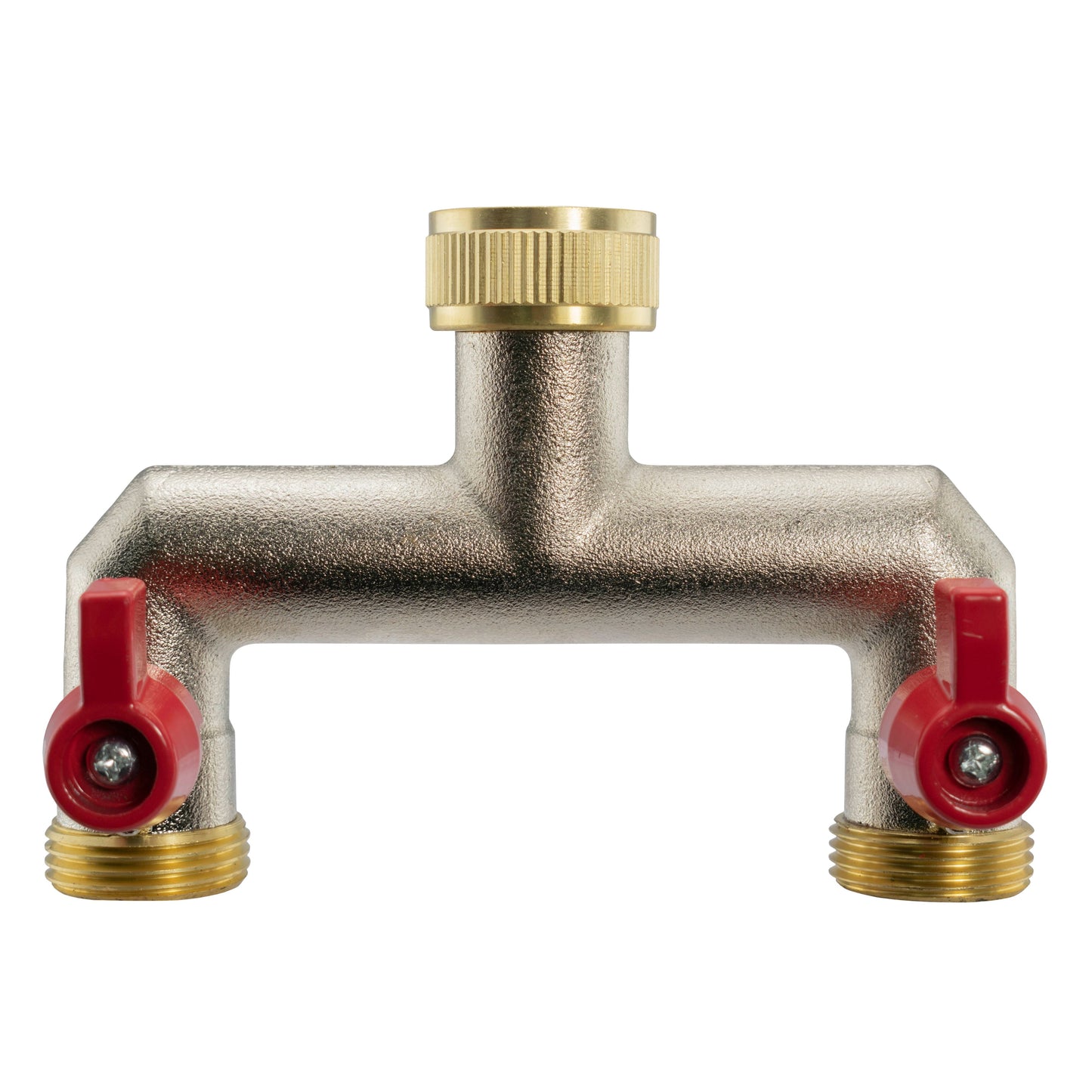 Brass wall flange with two threaded ends and red adjustment knobs