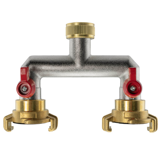 Two-way brass tap splitter, 3/4" BSP, Geka Type claw outlets