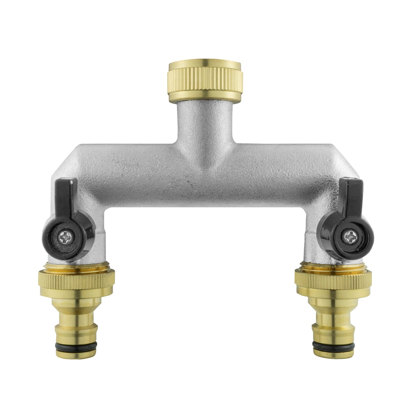 Brass wall flange tap manifold with two shutoff valves and quick-connect outlets