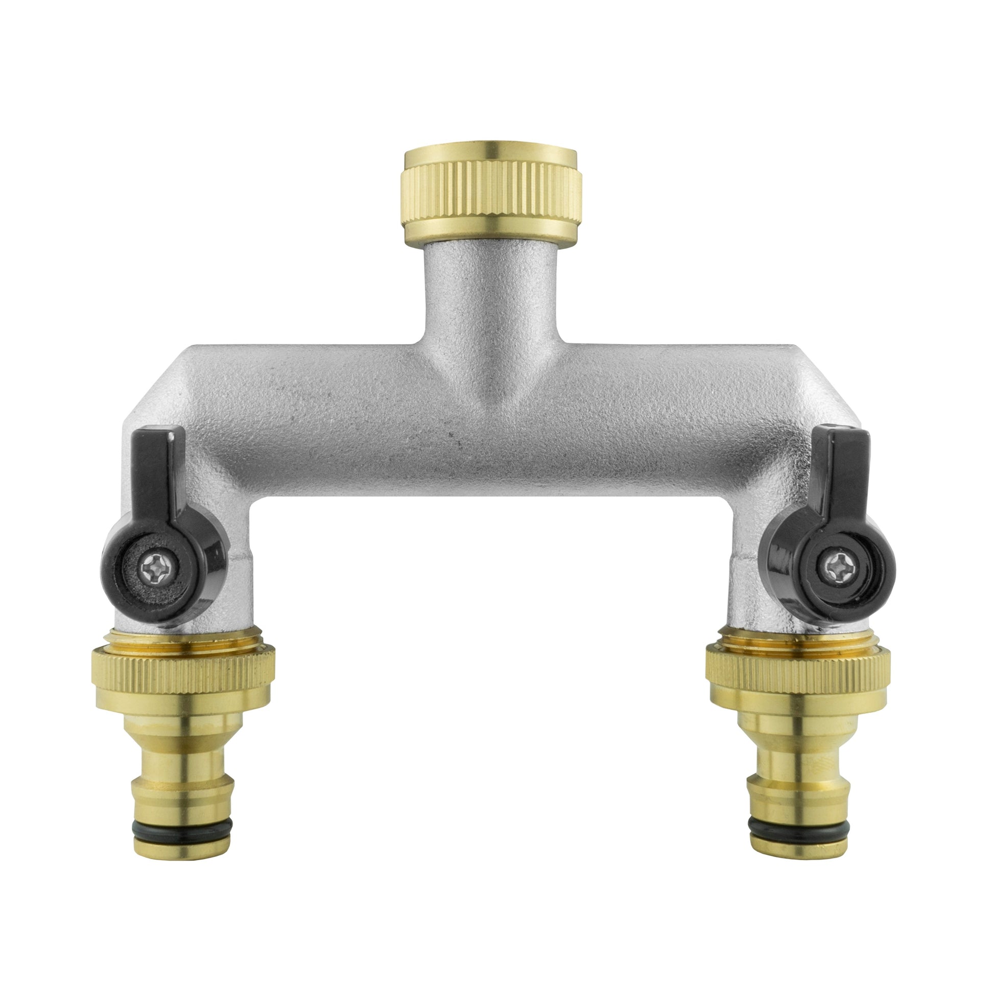 Brass wall flange tap manifold with two shutoff valves and quick-connect outlets