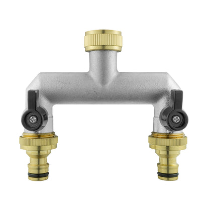 Brass wall flange tap manifold with two shutoff valves and quick-connect outlets