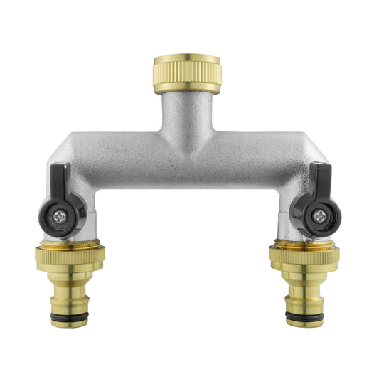 Two-way tap splitter brass with 3/4" BSP quick-connect outlets, dual ports