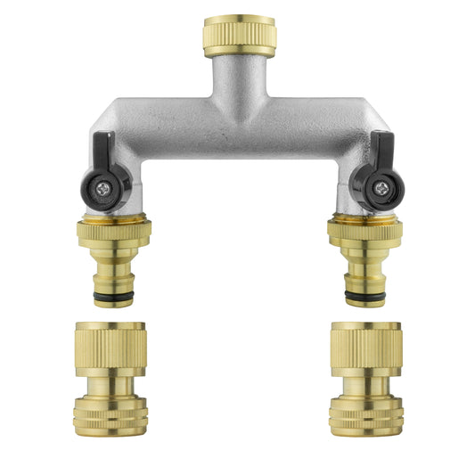 Two Way Tap Splitter brass with 3/4" BSP and quick-connect hose fittings