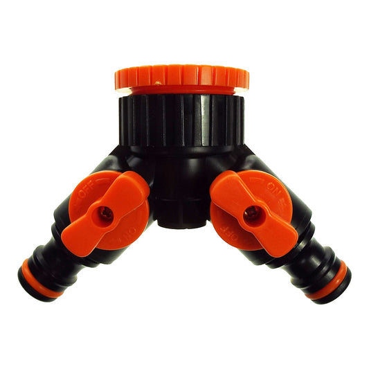 Two-way tap splitter in orange and black with two valve handles and barbed outlets