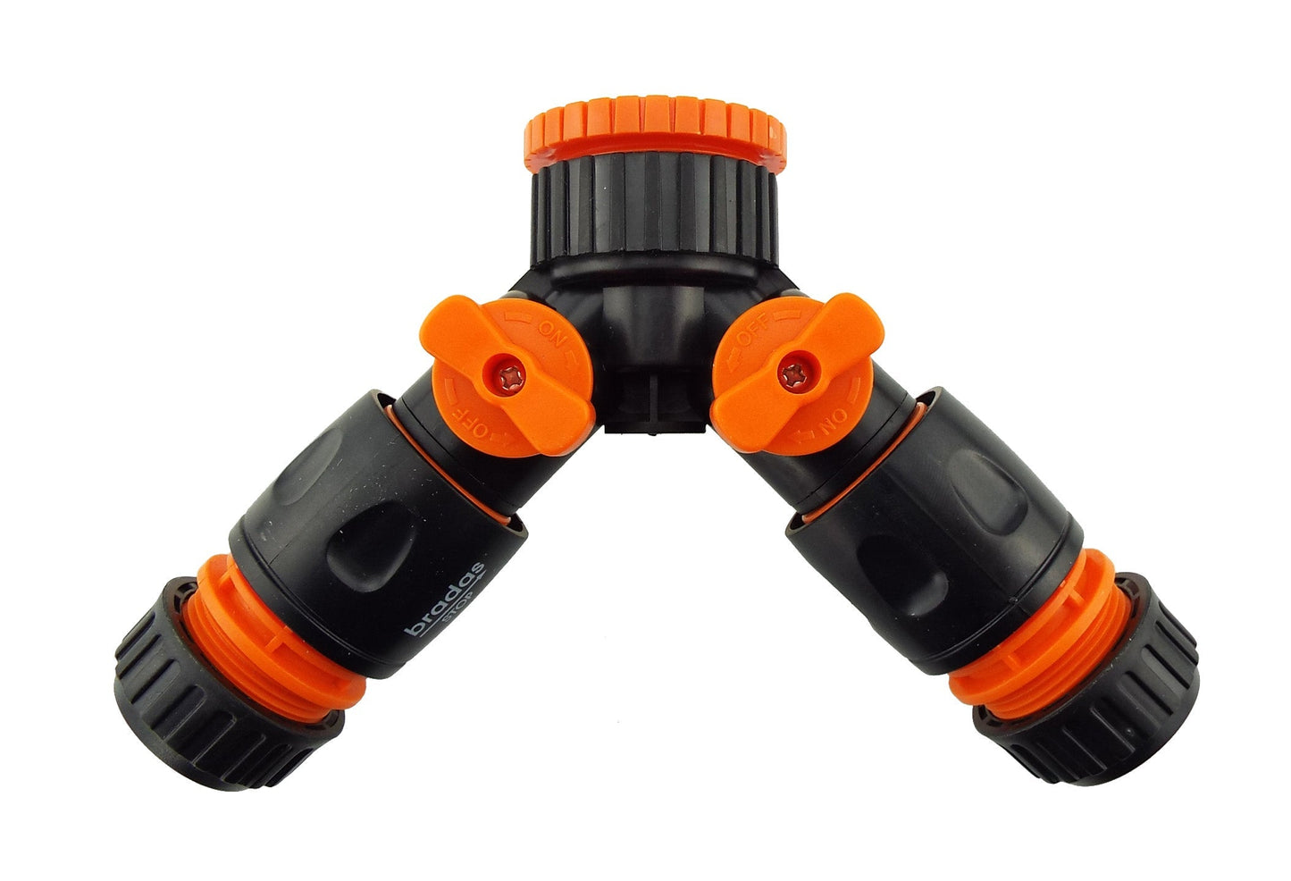 3-way connector set, angled black hose ends with orange locking toggles
