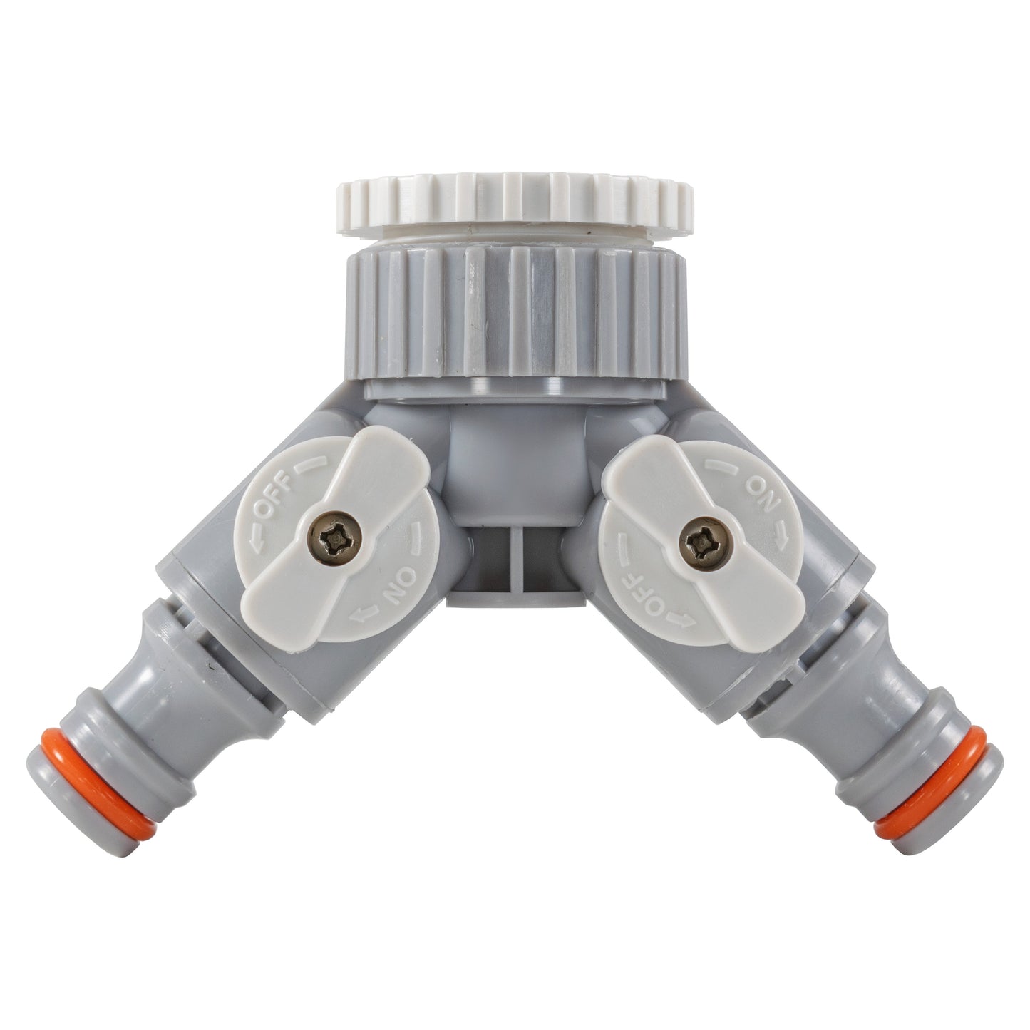 2-Way tap connector with valves, gray body and white valve levers, orange ring seals