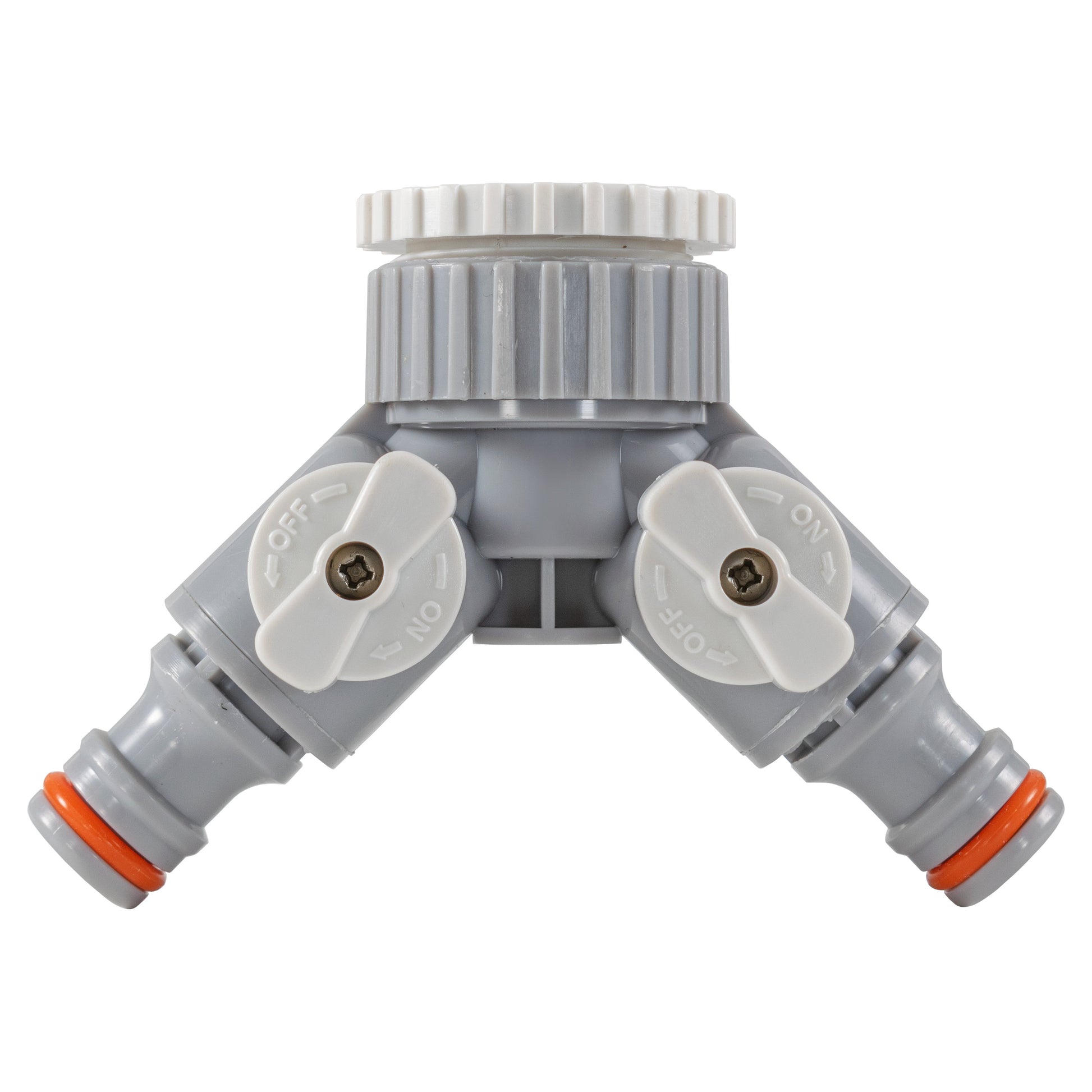 2-Way tap connector with valves, gray body and white valve levers, orange ring seals