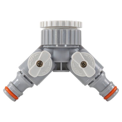 2-Way tap connector with valves, gray body and white valve levers, orange ring seals