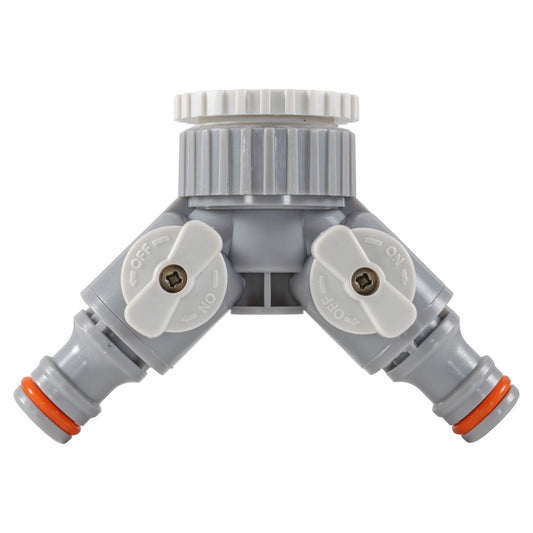 2-Way tap connector with valves, gray body and white valve levers, orange ring seals