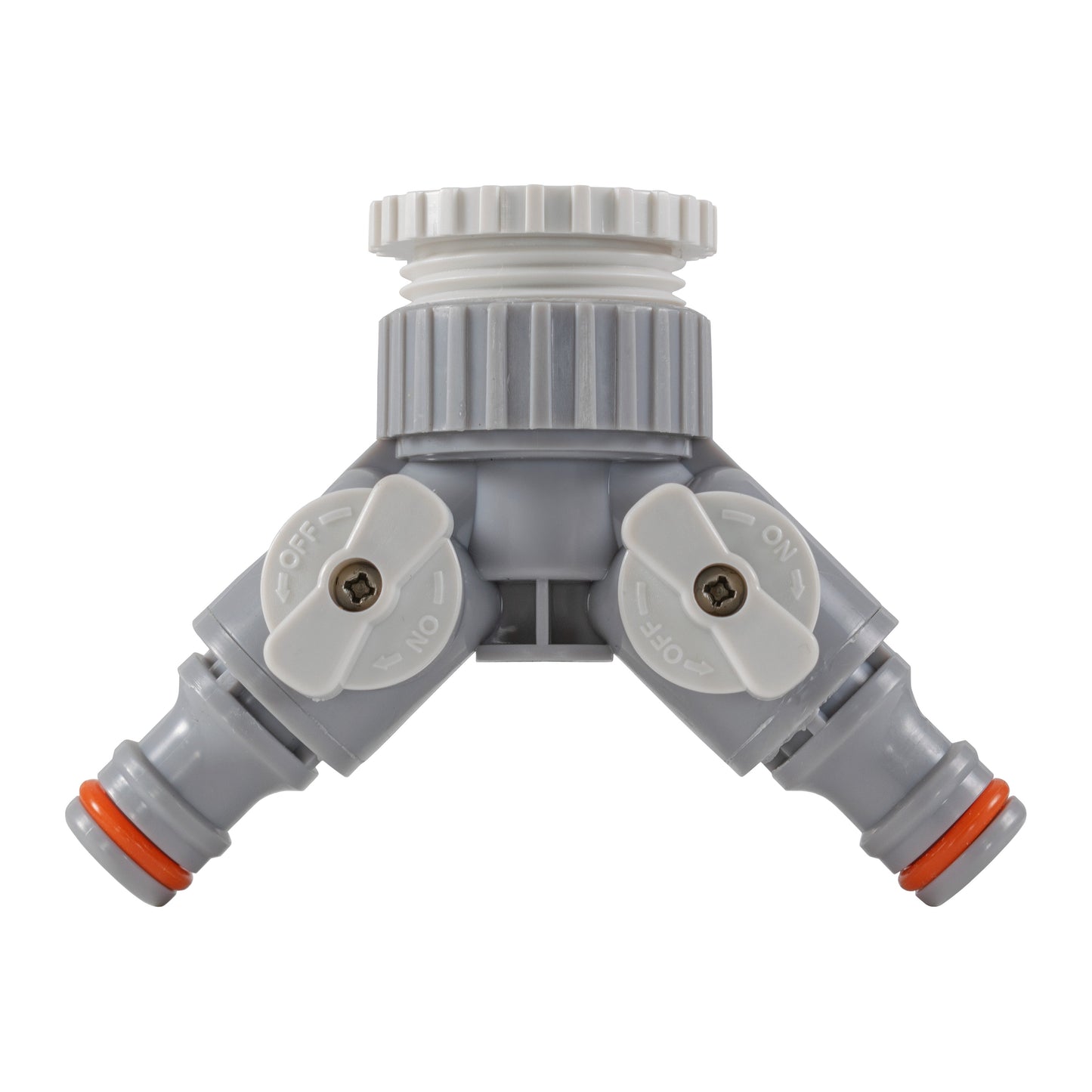 Two-way tap connector with valves, gray housing, white ON/OFF levers and orange end rings