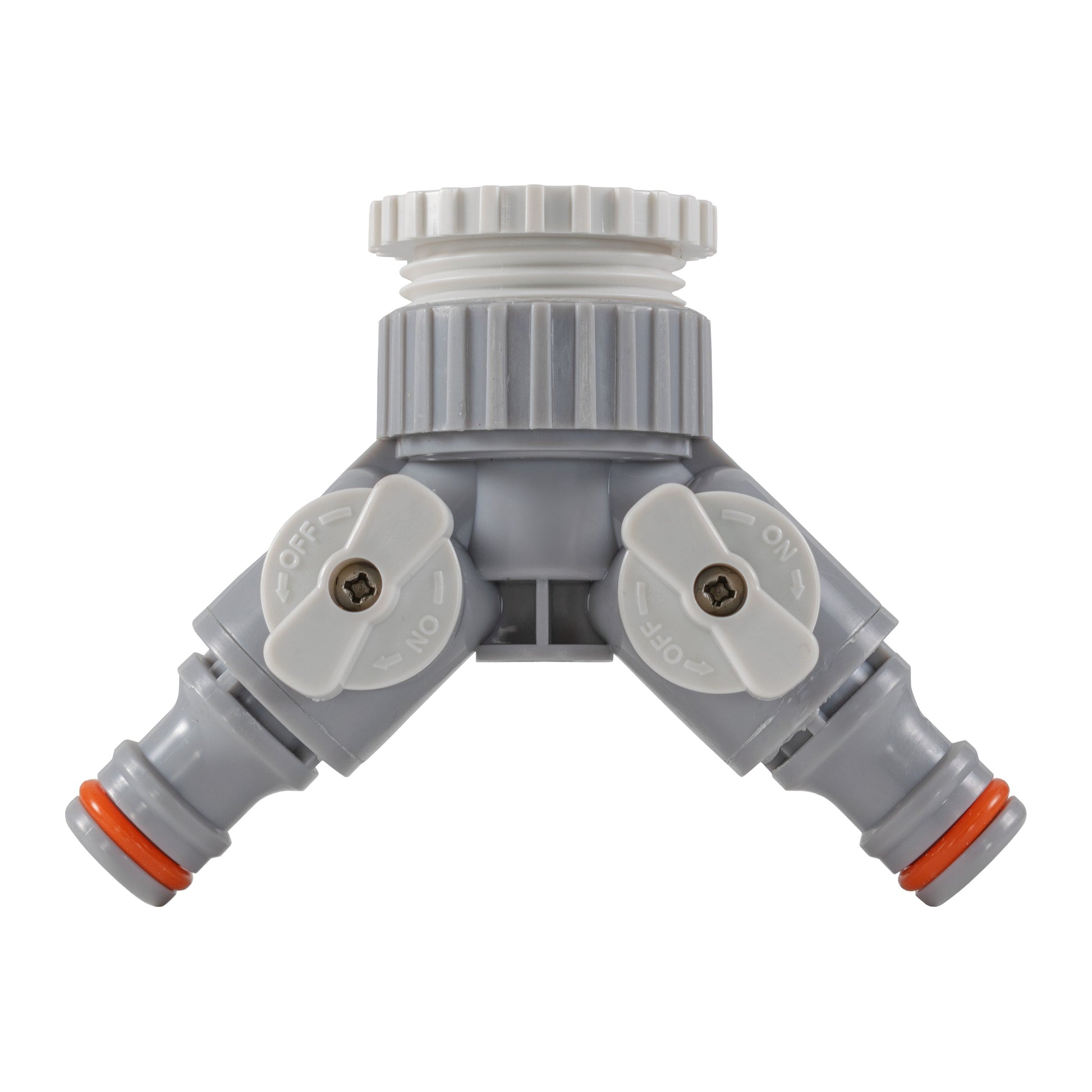 Two-way tap connector with valves, gray housing, white ON/OFF levers and orange end rings