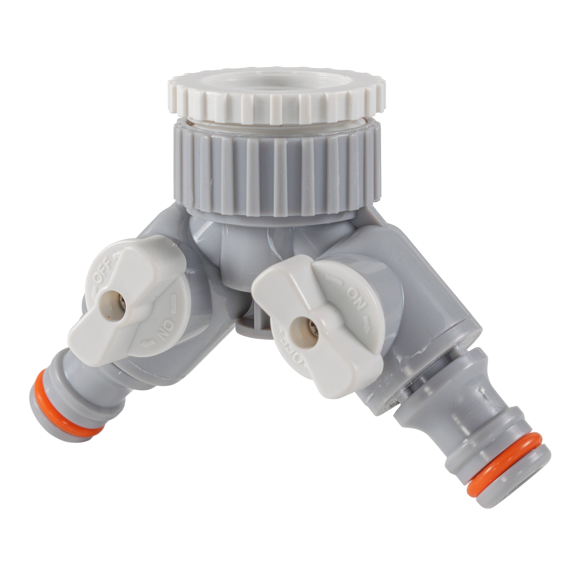 Two-way tap connector with valves, gray-gray pipe ends, white valve blocks, orange seal rings