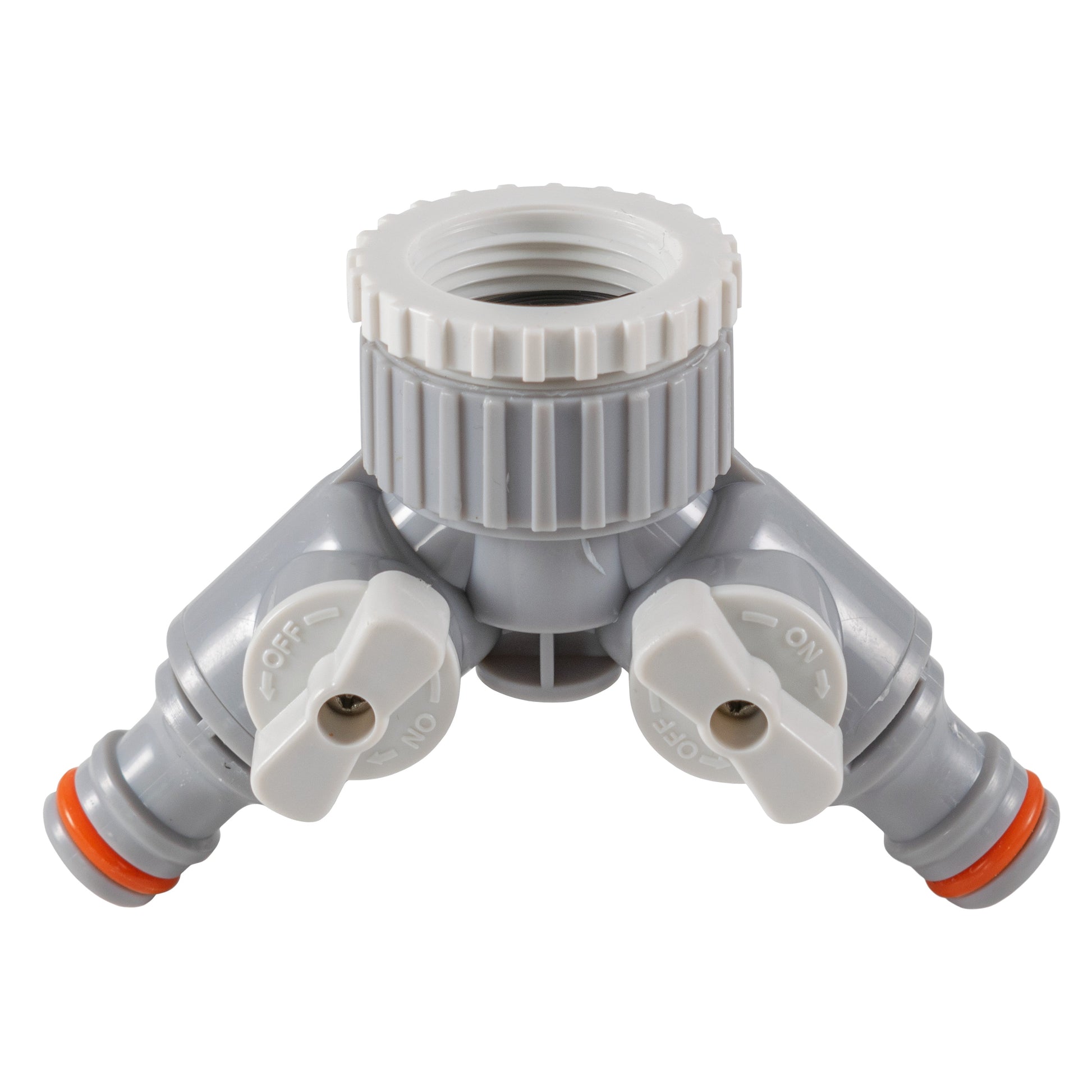 2-Way tap connector with valves, gray connector with white side levers and threaded inlet top