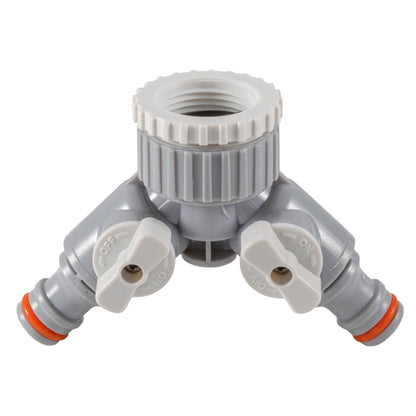 2-Way tap connector with valves, gray connector with white side levers and threaded inlet top