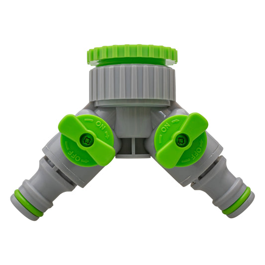 2-way tap connector with valves, green/gray, two ON/OFF knobs and side hose ports