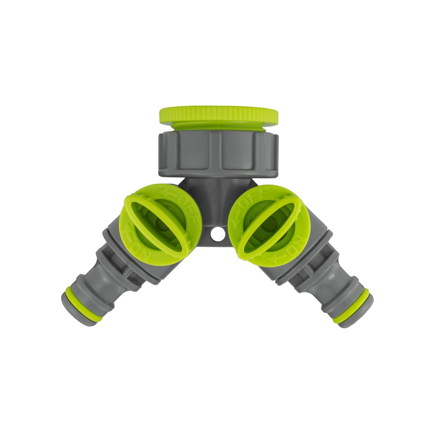 Two-way splitter with green MDPE outlet connectors, wall flange kit 20mm