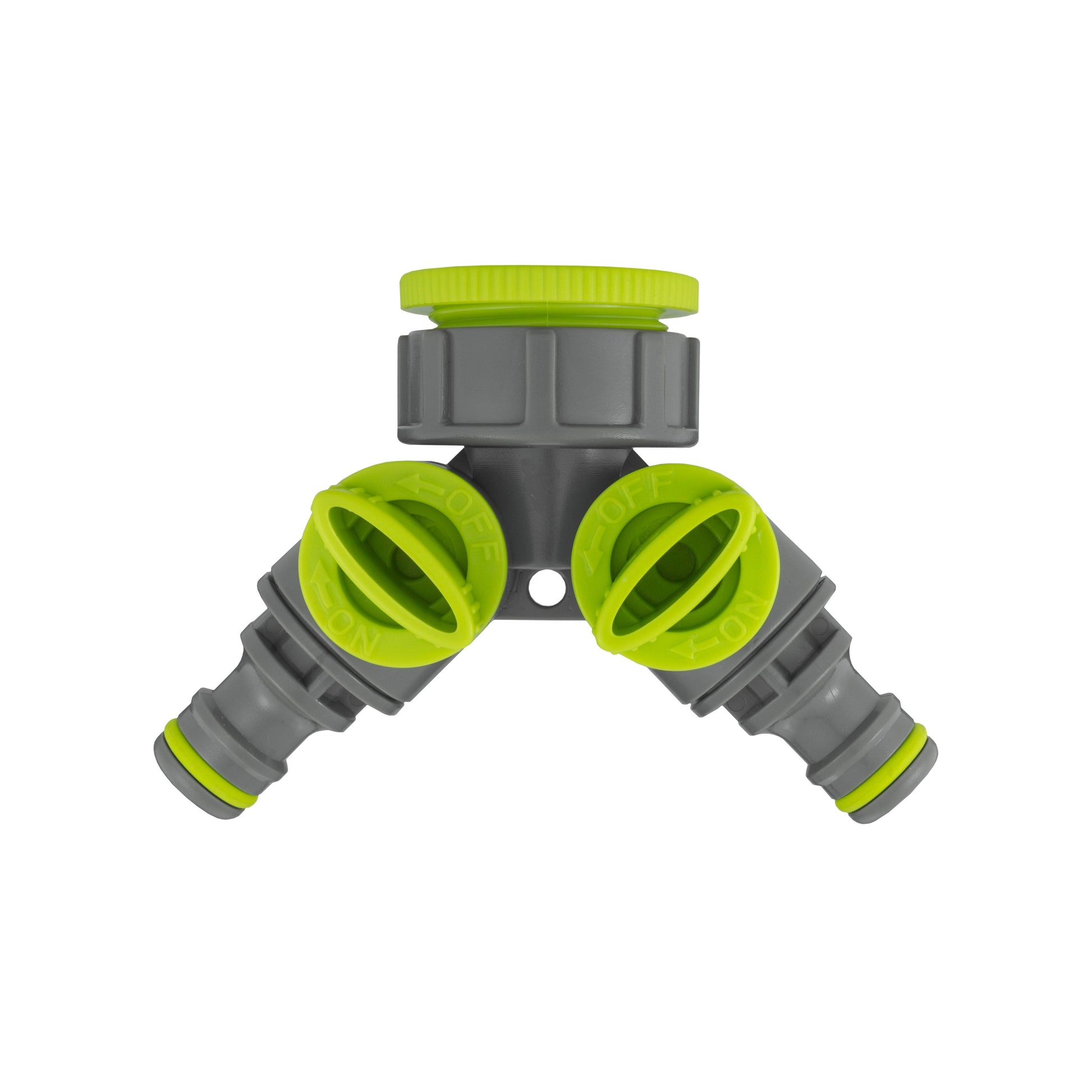 Two-way splitter with green MDPE outlet connectors, wall flange kit 20mm