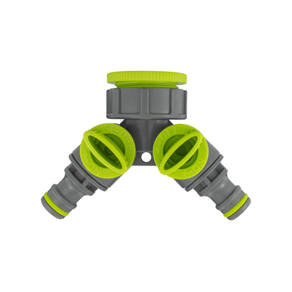 Two-way splitter with green MDPE outlet connectors, wall flange kit 20mm