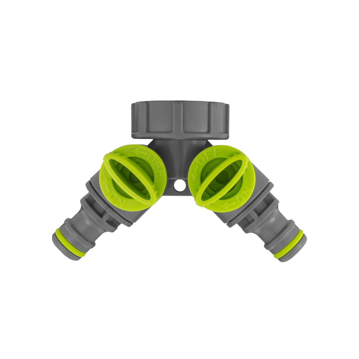 Grey splitter with two outlets and green insert connectors for hose attachment