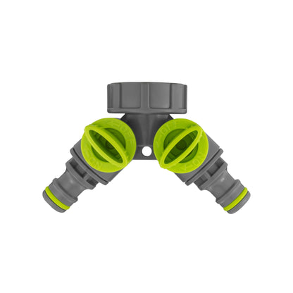 Grey two-way hose splitter with green dial-style caps for hot and cold outlets