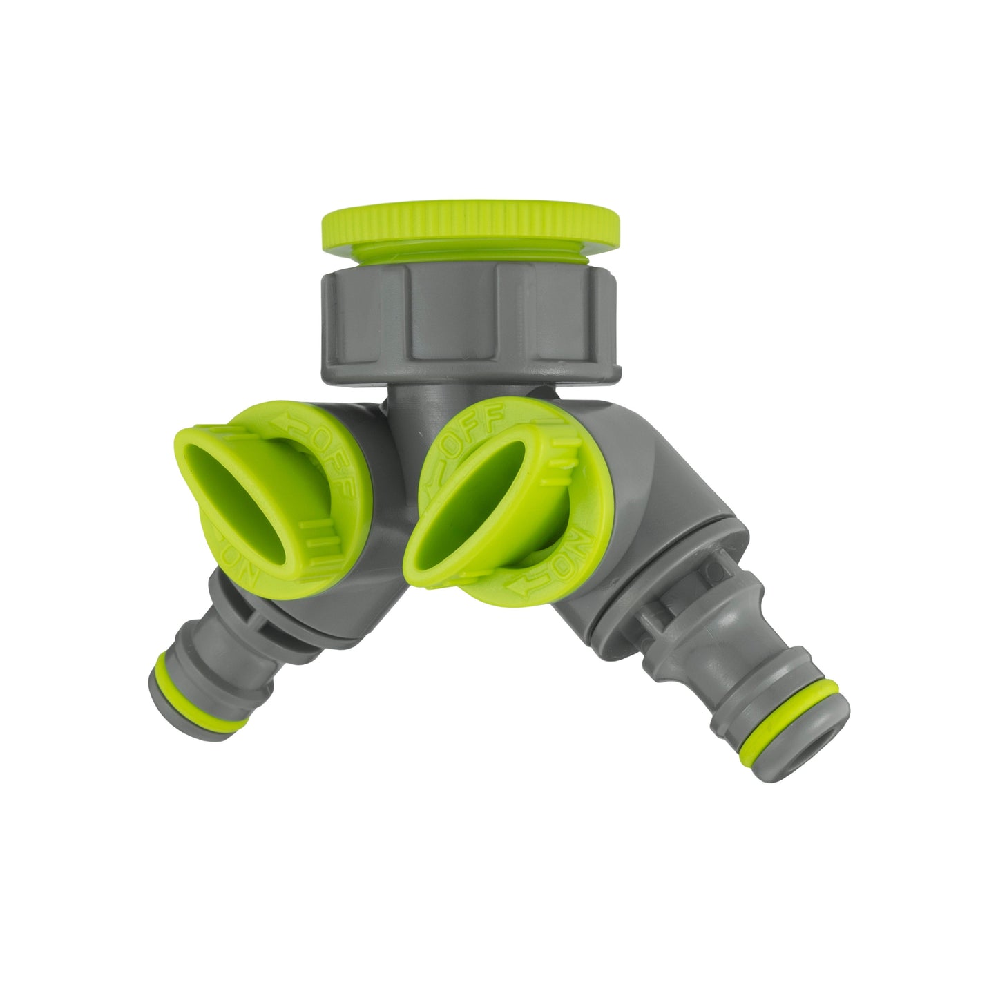 20mm MDPE two-way splitter with green outlet connectors and grey housing