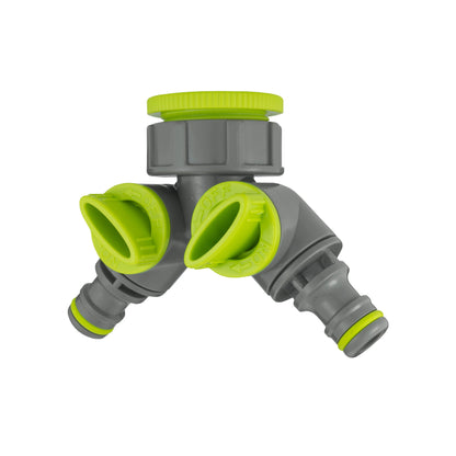 20mm MDPE two-way splitter with green outlet connectors and grey housing