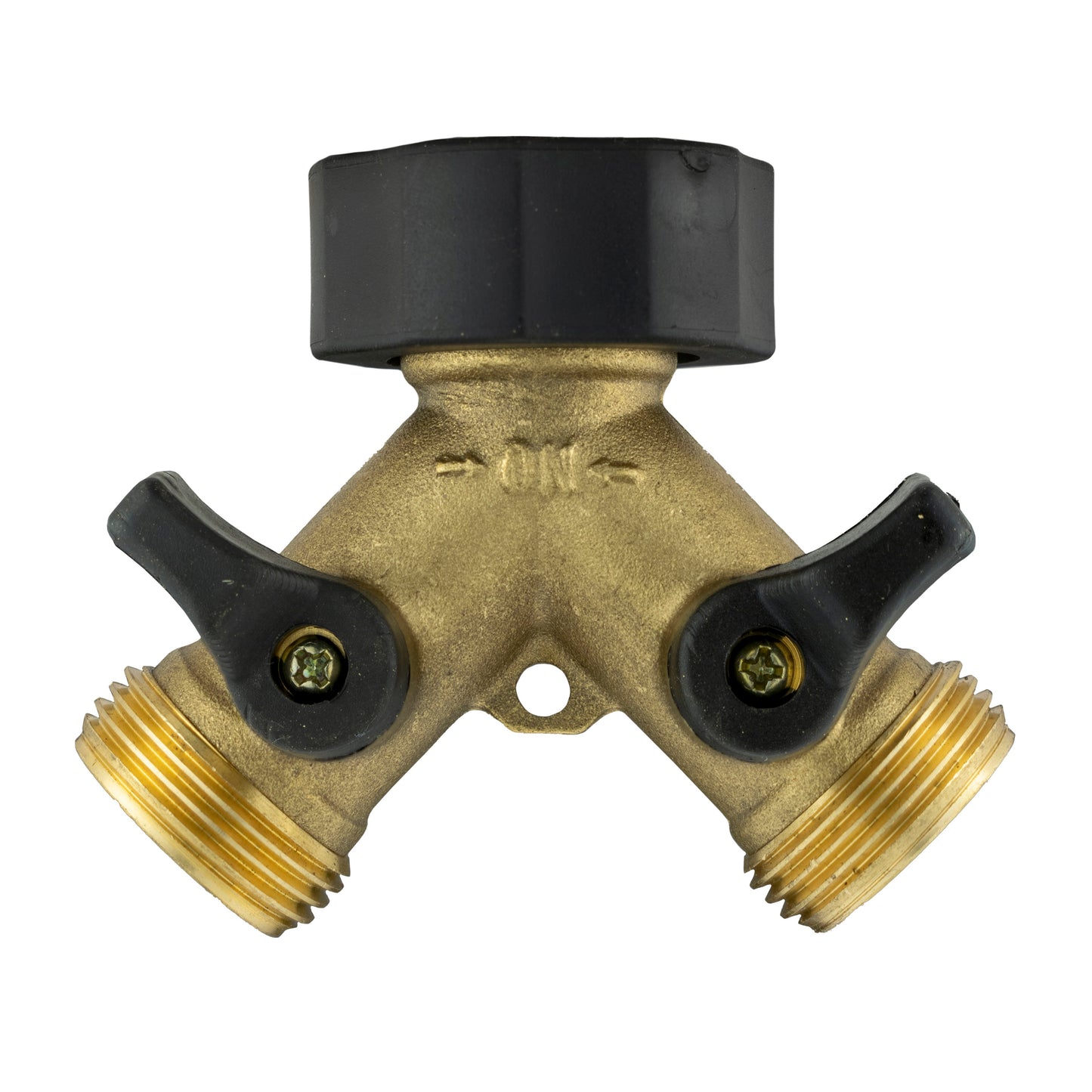 Brass cross-style connector with two threaded outlets and valve handles