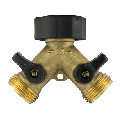 Brass cross-style connector with two threaded outlets and valve handles