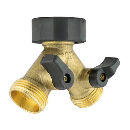Brass double-tap connector with two valve levers and dual threaded ports