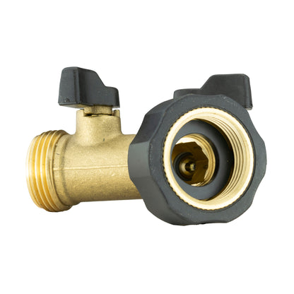 Brass threaded connector with valve and side outlet port, black rubber cap