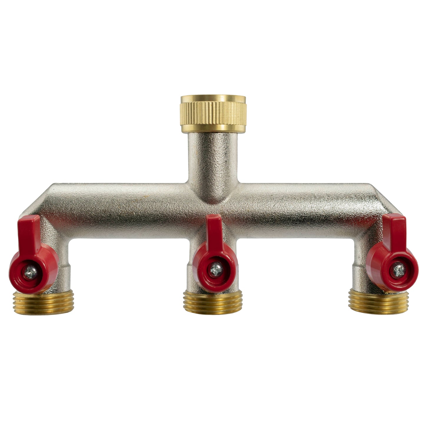 Brass three-way tap splitter with three 3/4" BSP outlets and red shutoff handles