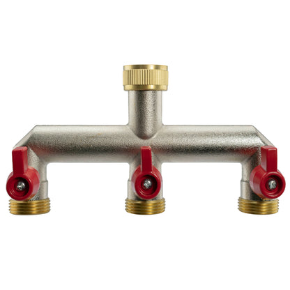 Brass three-way tap splitter with three 3/4" BSP outlets and red shutoff handles