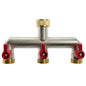 Brass three-way tap splitter with three 3/4" BSP outlets and red shutoff handles