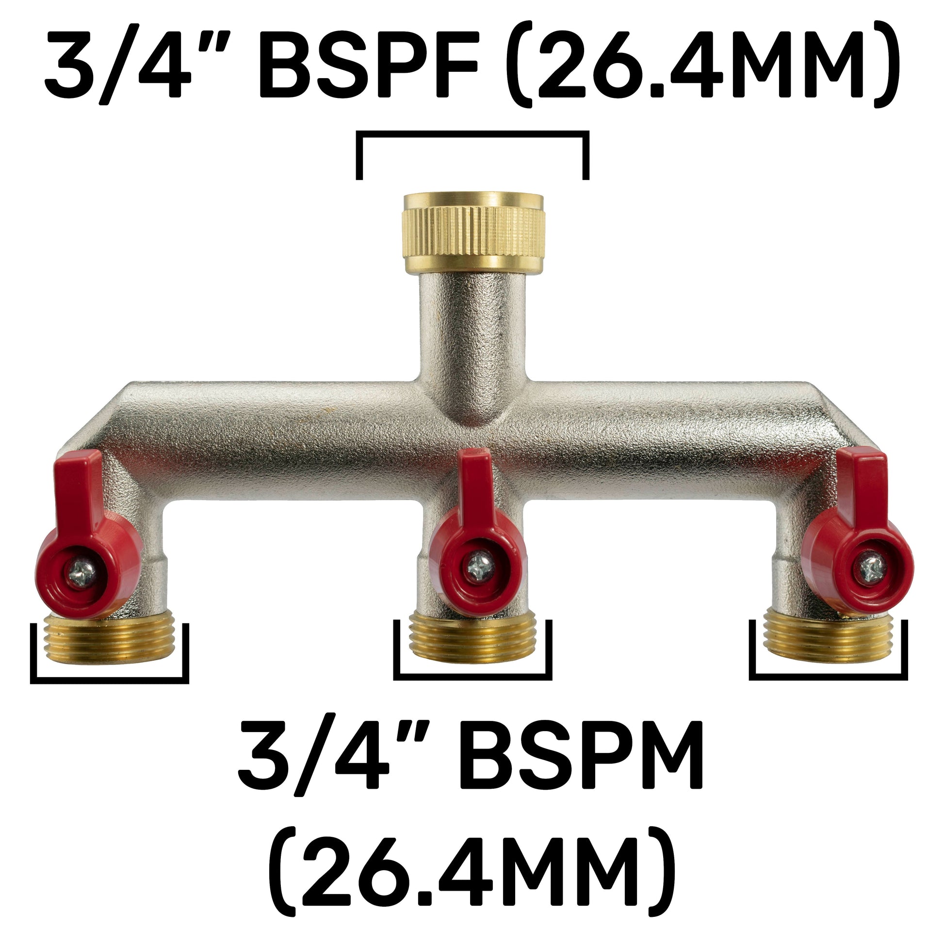 Brass three-way tap splitter, 3/4" BSP (26.4mm), with three red shutoff outlets
