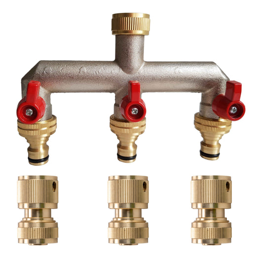 Three-way tap splitter brass 3/4" BSP with quick connect and hose fittings