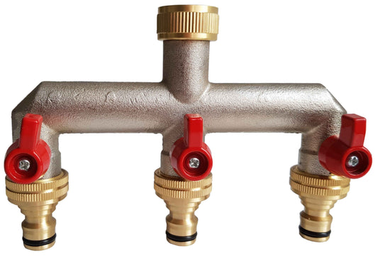 Three-way tap splitter, brass with 3 red quick-connect outlets, 3/4" BSP