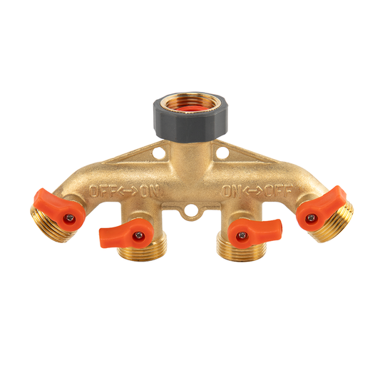 Brass 4-way tap splitter, 3/4" BSP, orange lever valves