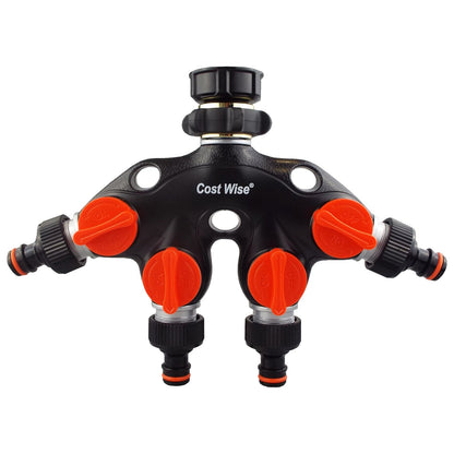 4-way tap connector with valves, red ON/OFF levers on black manifold, hose connections