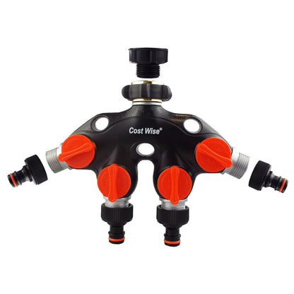 4-way tap connector with valves, black body, four red shutoff knobs, metal hose fittings