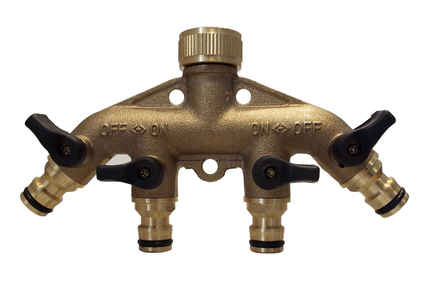 Front view of brass 4-way manifold with black valve levers and outlet ports