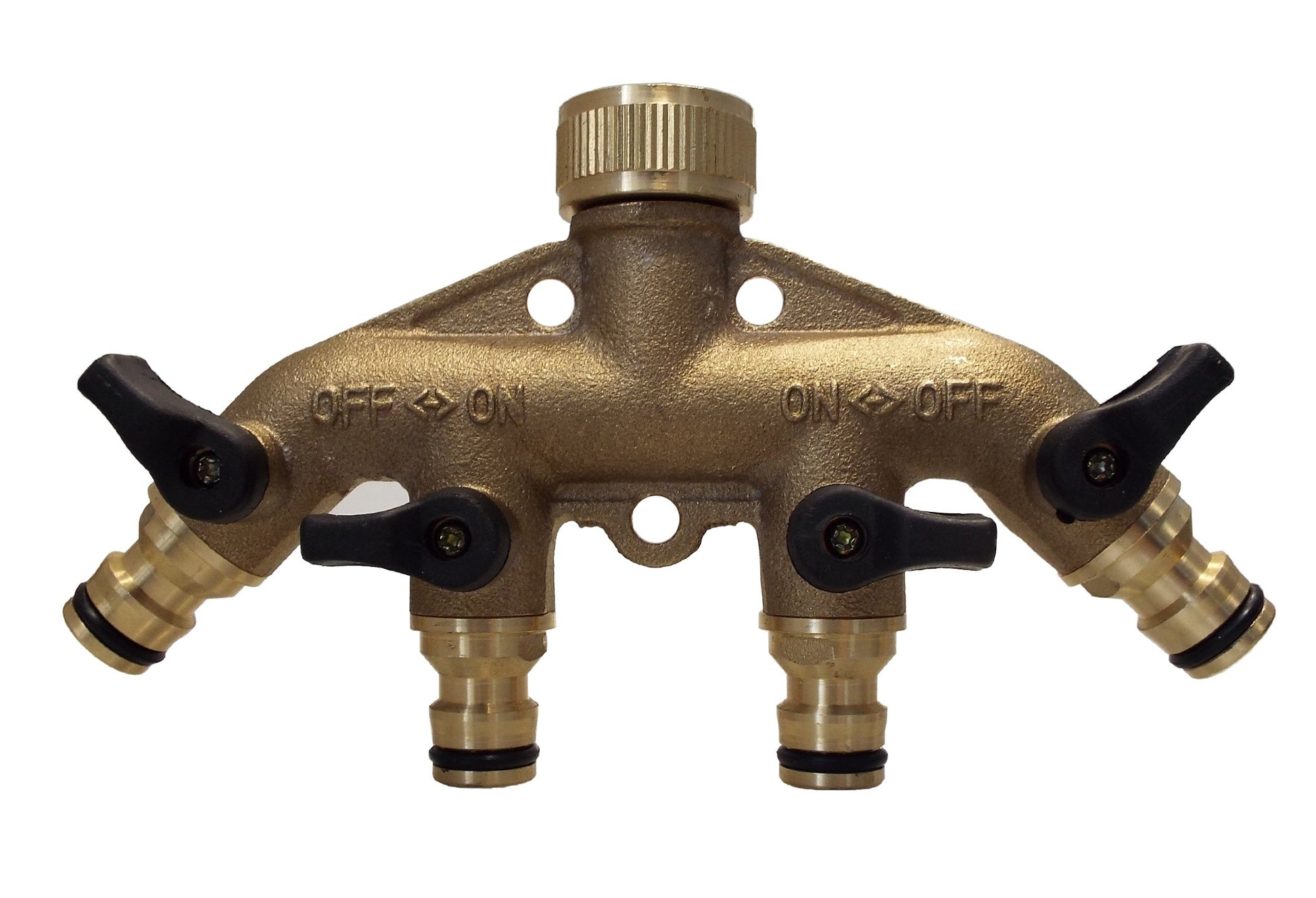 Front view of brass 4-way manifold with black valve levers and outlet ports